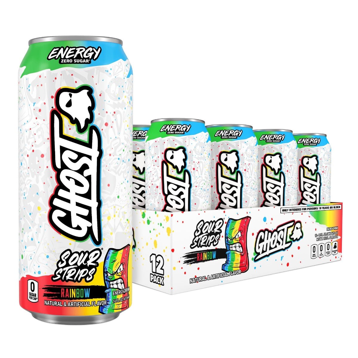 Front of Ghost Sour Strips Rainbow Energy Drinks case showing colourful cans with logo and pack size (12 x 473ml)