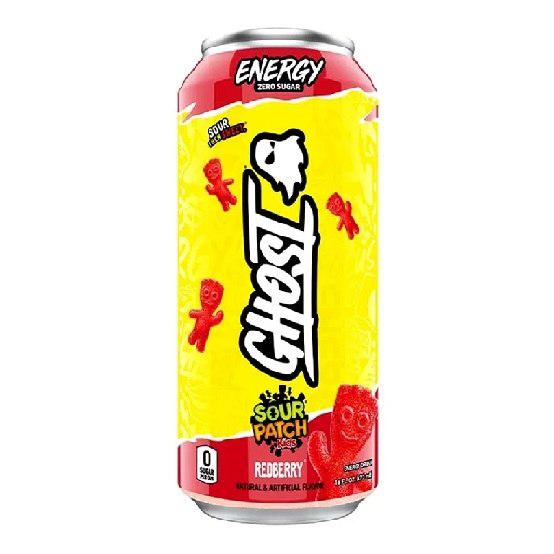 Front of Ghost Sour Patch Redberry Energy Drink can featuring the Ghost logo, redberry flavour, and bright yellow design (473ml)