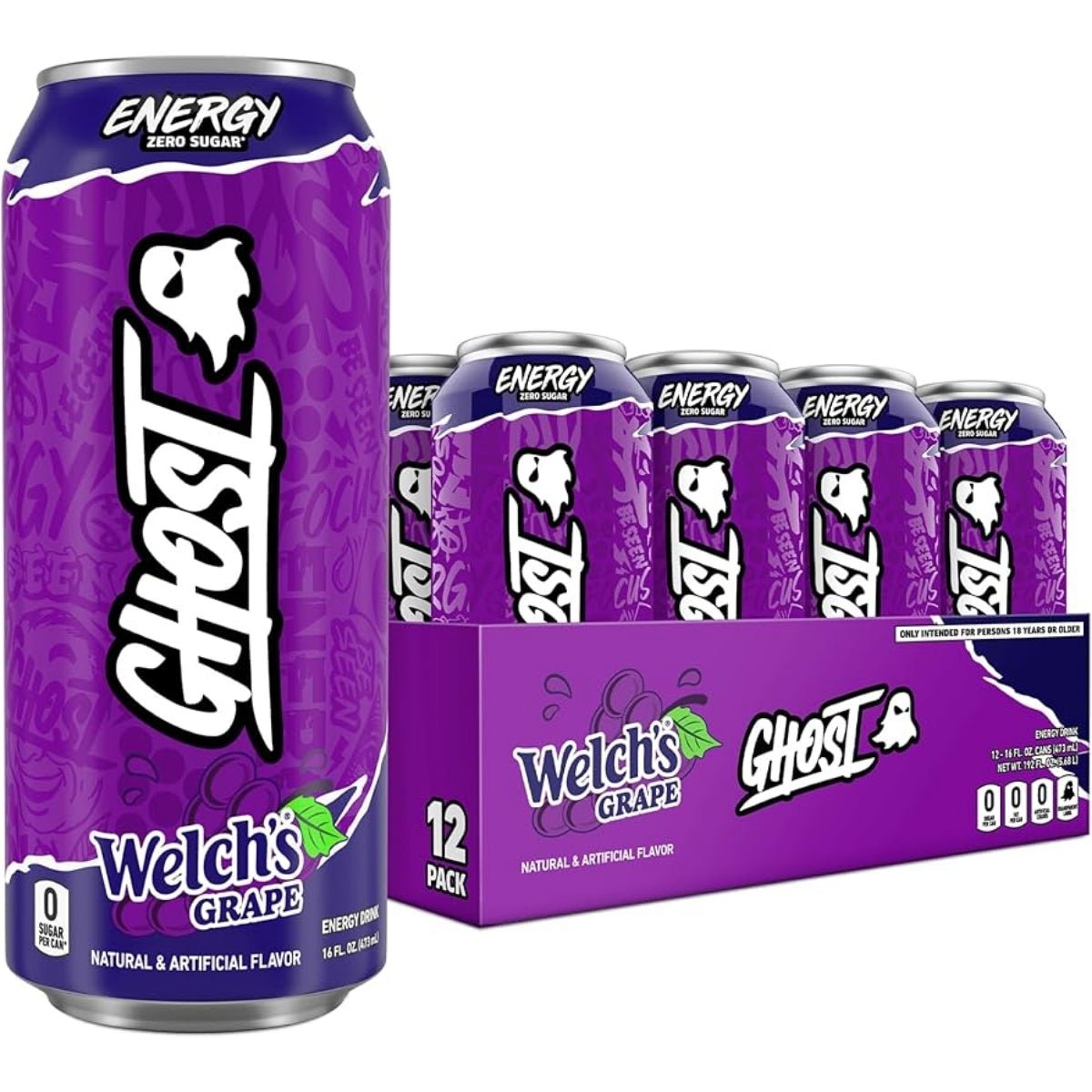 Front of Ghost Welch's Grape Energy Drink can featuring bold branding, vibrant grape flavour label, and a case of 12 cans (473ml each)