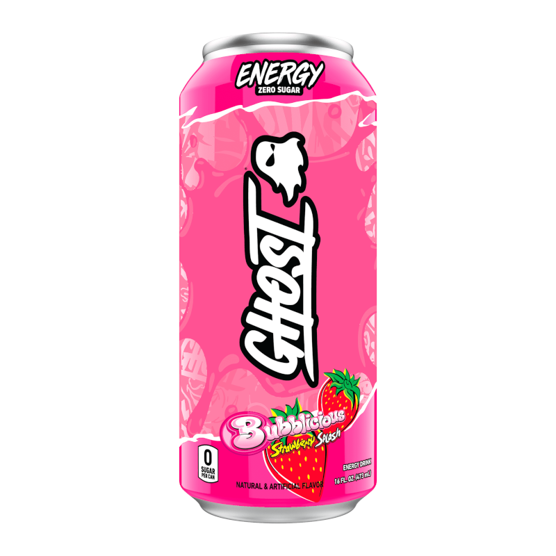 Front of Ghost Bubblicious Strawberry Splash Energy Drink can showing logo, vibrant pink design, and strawberry splash flavour (473ml)