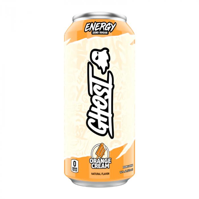 Front of Ghost Orange Cream Energy Drink can showing bold logo, orange cream flavour label, and 473ml size