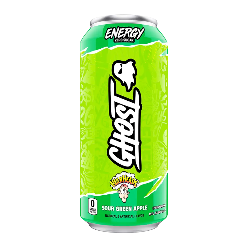 Front of Ghost Warheads Sour Green Apple Energy Drink can showing bright green colour, branding, and flavour details (473ml pack)
