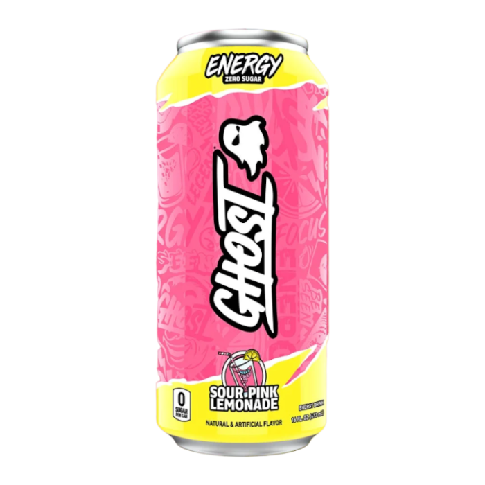 Front of Ghost Sour Pink Lemonade Energy Drink can featuring bold logo and vibrant pink lemonade design (473ml)