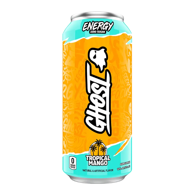Front of Ghost Tropical Mango Energy Drink can featuring an orange and blue design, logo, tropical mango flavour, and 473ml size.