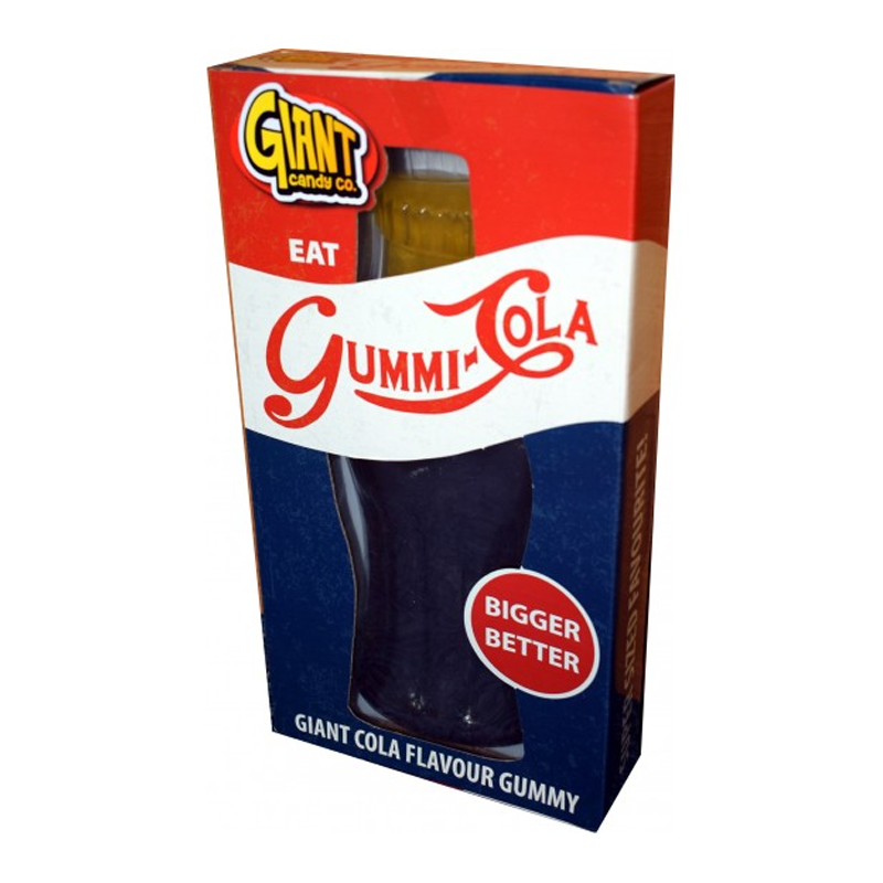 Front of Giant Gummy Cola Bottle packaging featuring bold lettering, cola flavour design, and 800g pack size