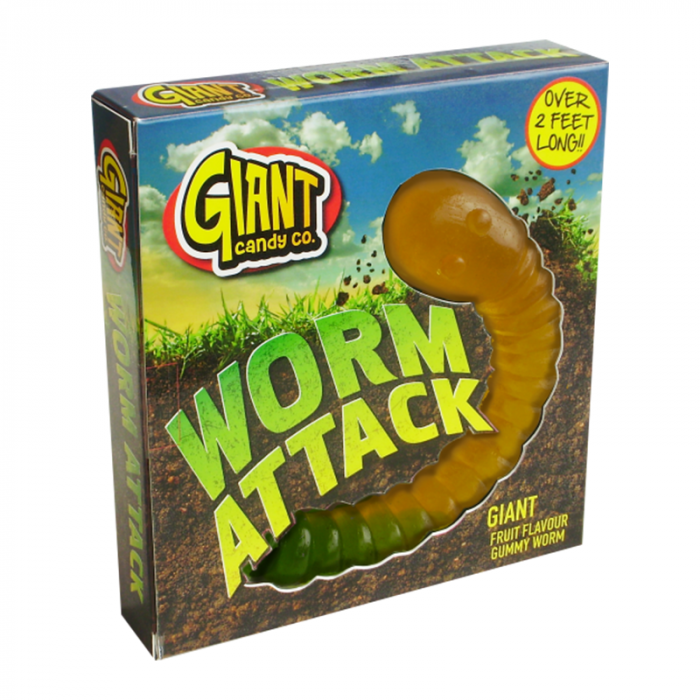 Front of Giant Gummy Worm Attack box featuring a vibrant gummy worm, fruit flavour label, and over 2 feet long text (800g pack)