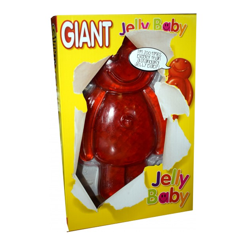 Front of Giant Gummy Jelly Baby packaging showing bright yellow background, colourful text, and an oversized red gummy bear (800g pack)