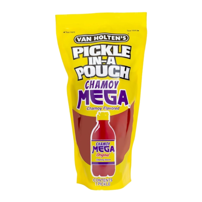 Front of Van Holten's x Chamoy Mega Pickle In-A-Pouch showing bright yellow packaging, chamoy flavour lettering, and pickle illustration (306g)