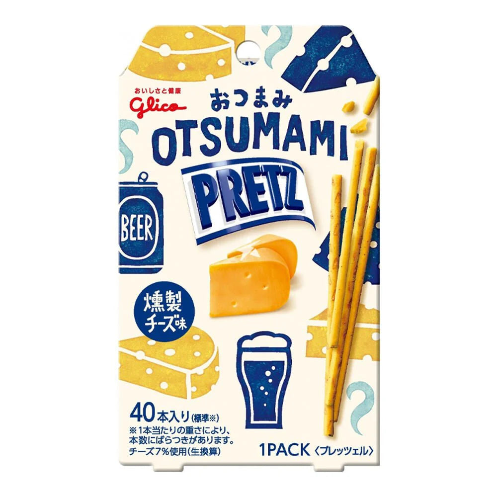 Front of Glico Otsumami Pretz Smoked Cheese pack showing logo, pretzel sticks, and smoky cheese imagery (24g)