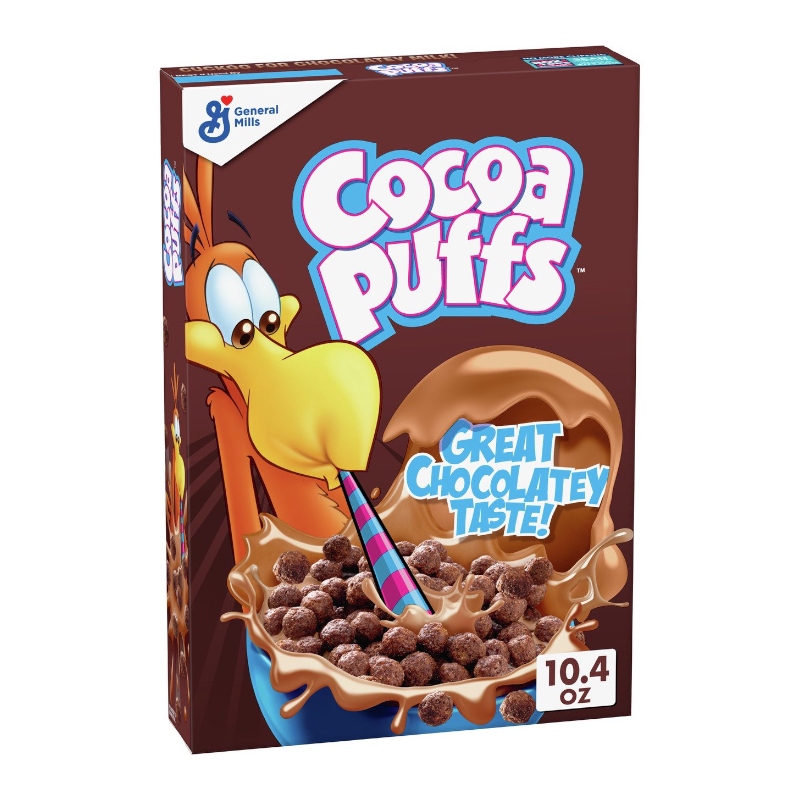Front of Cocoa Puffs Chocolate Cereal box showing bold logo, chocolate flavour label, and image of cereal in a bowl (294g pack)