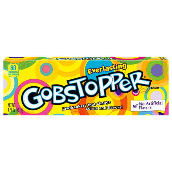 Front of Wonka Everlasting Gobstopper pack showing bright yellow design, logo, and text indicating 50g pack and that they change colours and flavours.