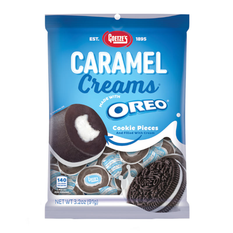 Front of Goetze's Oreo Caramel Creams bag showing blue logo, caramel cream candies with Oreo cookie pieces, and 91g pack size