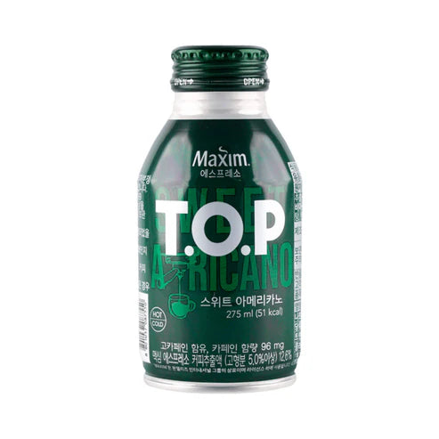 Front of Maxim T.O.P Sweet Americano Iced Coffee 275ml bottle featuring green label with logo and iced coffee visual