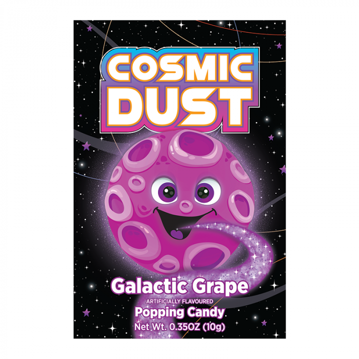 Front of Cosmic Dust Galactic Grape Popping Candy package showing vibrant purple design, smiling character with stars, and 10g pack size
