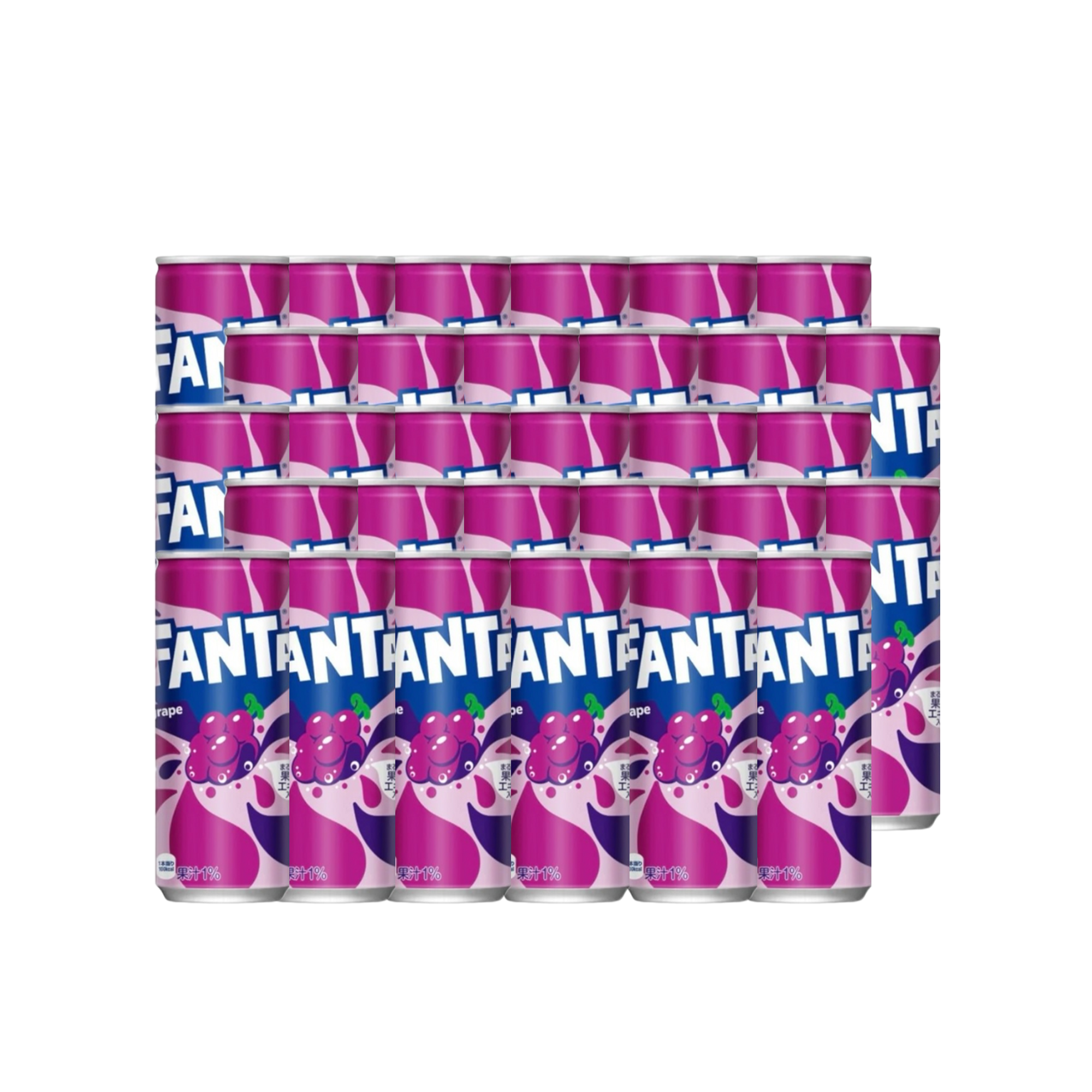 Front of Fanta Grape (Japan) case showing vibrant purple packaging, grape flavour graphics, and 30 x 250ml cans