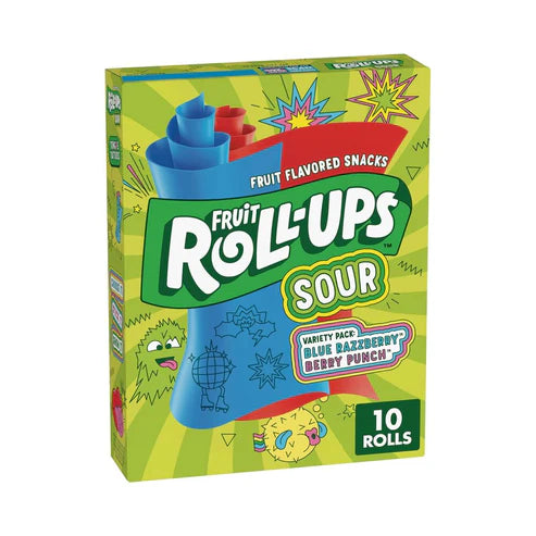 Front of Fruit Roll Ups Sour Variety Pack showing blue and green packaging with the logo, sour fruit-flavoured snacks, and 10 rolls in a 141g pack.