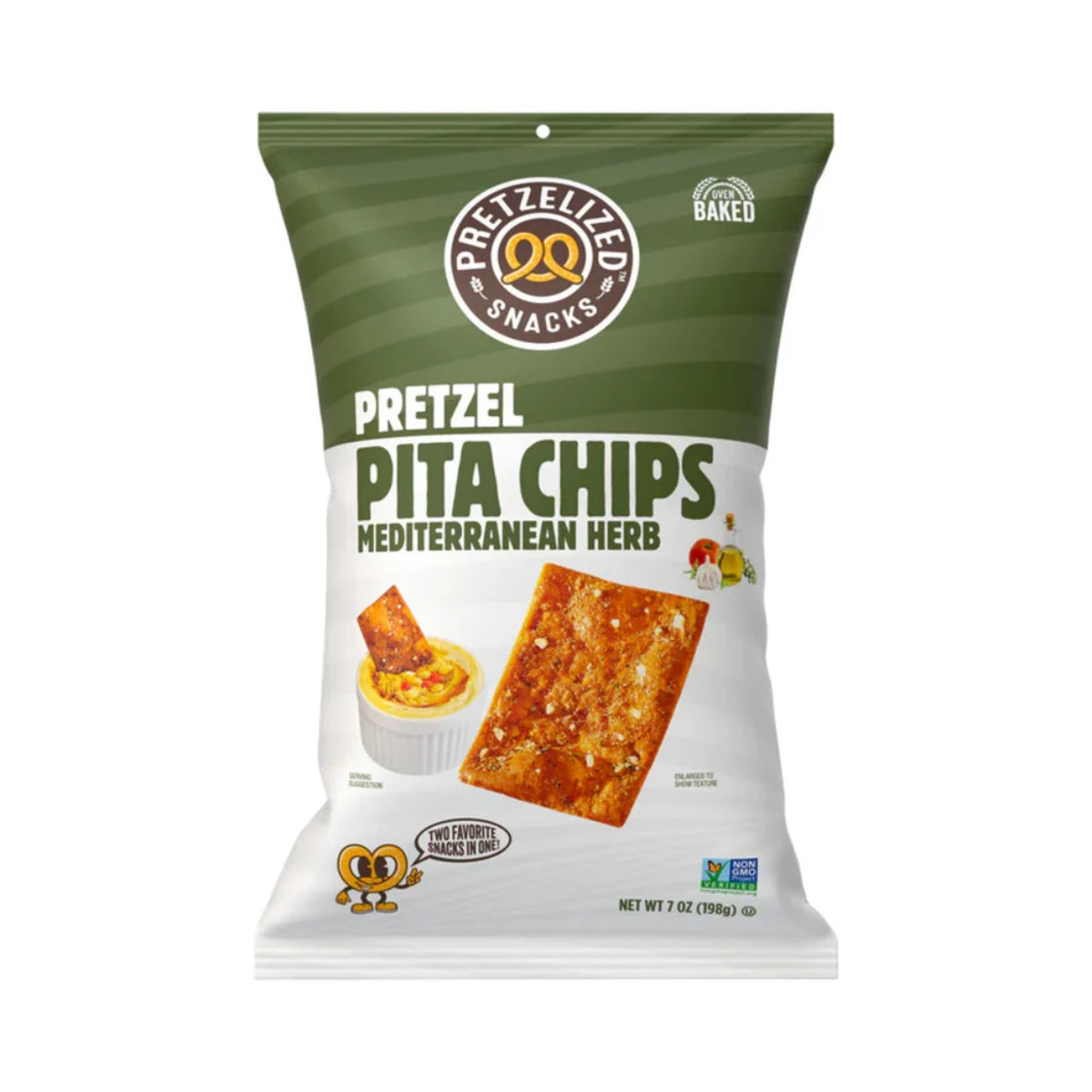 Front of Pretzelized Pretzel Pita Chips Mediterranean Herb bag showing logo, large text, and image of chips with dip (198g pack)