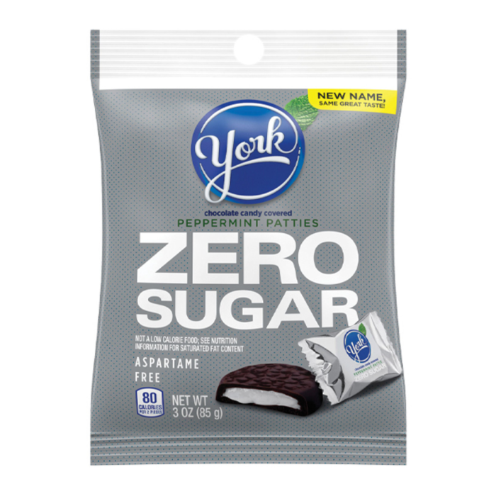 Front of York Peppermint Patties Zero Sugar bag showing the logo, peppermint patties in chocolate, and 85g pack size