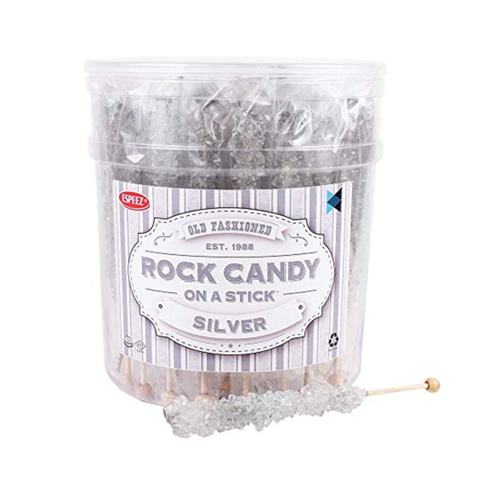 Front of Espeez Rock Candy on a Stick Silver pack showing the logo, candy details, and clear container with rock candy sticks (23g pack)