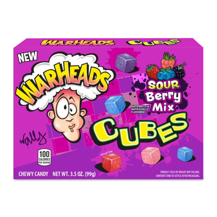 Front of Warheads Sour Berry Mix Cubes Theatre Box showing colorful cubes, brand logo, and berry flavour details (99g pack)