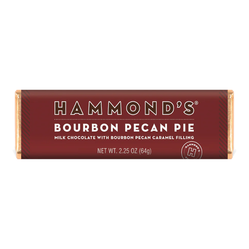 Front of Hammond's Bourbon Pecan Pie Milk Chocolate Bar showing logo, bourbon pecan pie flavour, and pack size (64g)