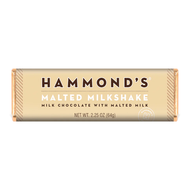 Front of Hammond's Malted Milkshake Milk Chocolate Bar showing brand name, malted milkshake flavour, and 64g pack size