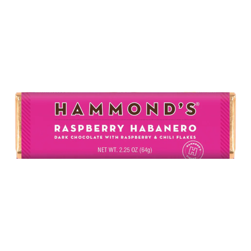 Front of Hammond's Raspberry Habanero Dark Chocolate Bar showing bright pink packaging with logo, raspberry and habanero imagery, and 64g size.