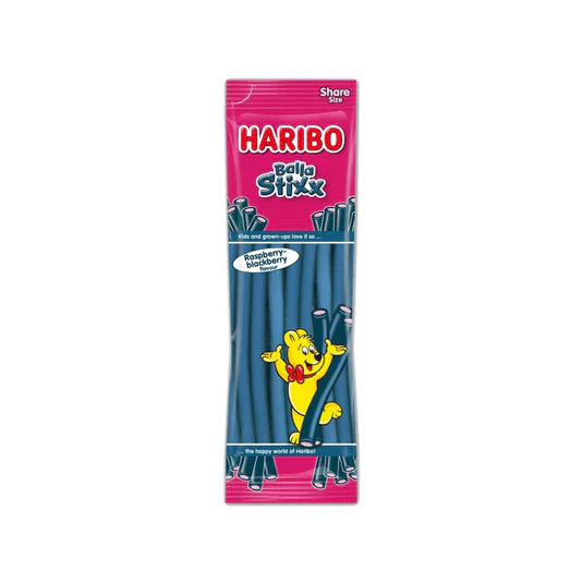 Front of a pink bag of Haribo Balla Stixx Raspberry/Blackberry showing the brand logo, colourful candy sticks, and 200g pack size
