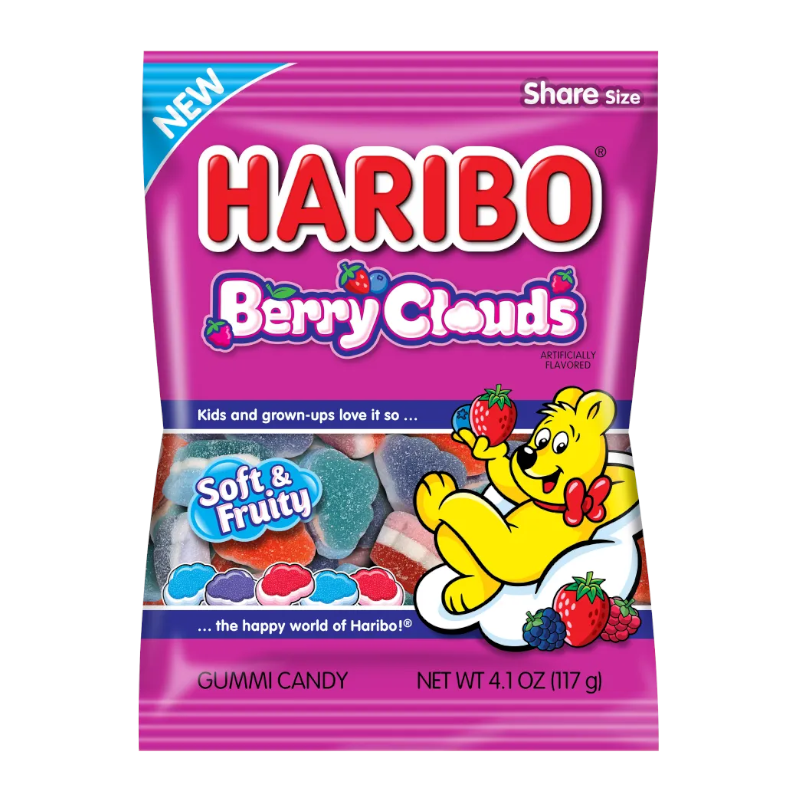 Front of a bag of Haribo Berry Clouds showing the logo, gummy candy shapes, and colourful design (117g pack)