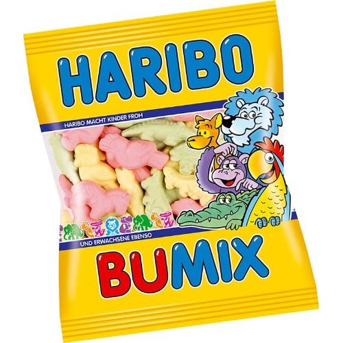 Front of Haribo Bumix (Animals) pack showing colourful gummy animals with logo and 175g pack size.