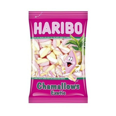 Front of a Haribo Chamallows Exotic bag showing pink packaging with tropical graphics and various marshmallow pieces (175g pack)
