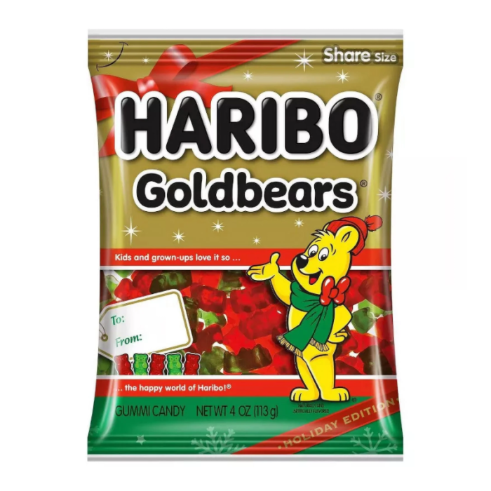 Front of Haribo Christmas Edition Gold Bears bag showing festive design, vibrant bear-shaped gummies, and 113g pack size.