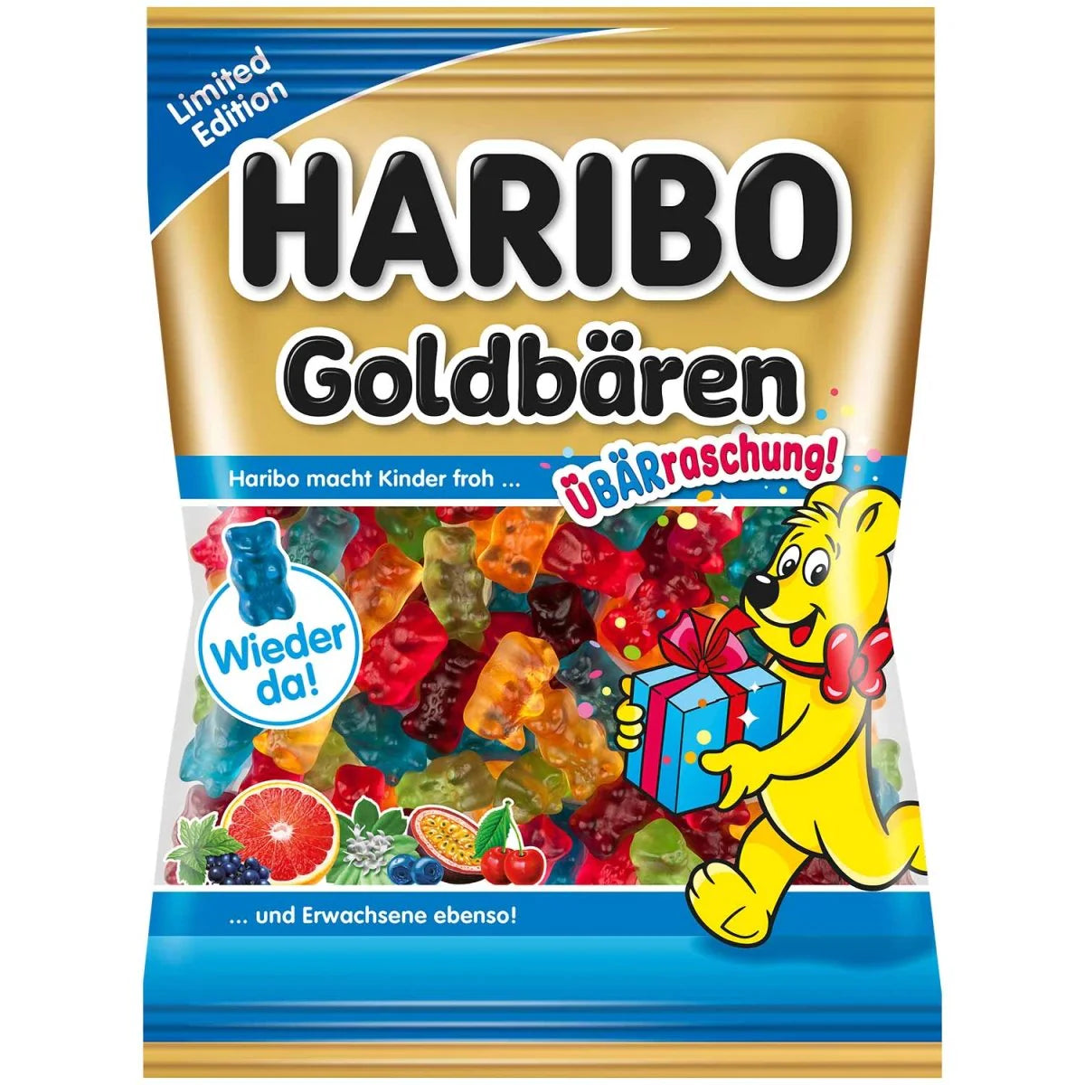 Front of Haribo 100th Anniversary Gold Bears bag showing colourful gummy bears, festive design, and 200g pack size.