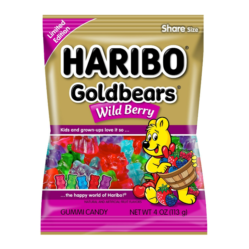 Front of Haribo Gold Bears Wild Berry bag featuring the brand logo, colourful gummy bears, and pack size of 113g