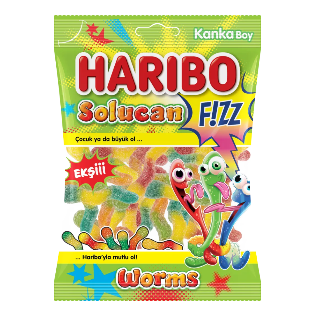 Front of Haribo Halal Fizzy Worms bag showing colourful gummy worms, brand logo, and pack size (80g)