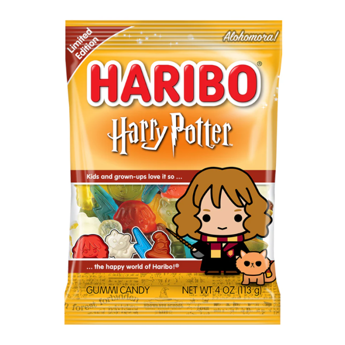 Front of Haribo Harry Potter Hermione Granger Edition gummy candy bag featuring illustration of Hermione and assorted gummy shapes (113g)