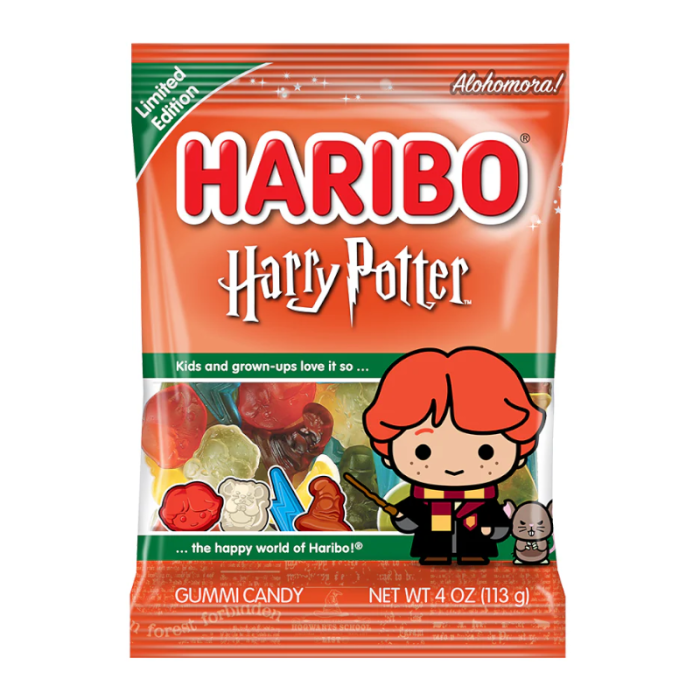 Front of Haribo Harry Potter Ron Weasley Edition bag featuring colourful gummy candies, Ron Weasley character, and 113g pack size