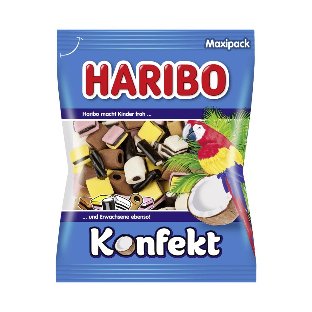 Front of Haribo Konfekt (Liquorice Allsorts) bag showing vibrant packaging with colourful candies and logo (175g pack)