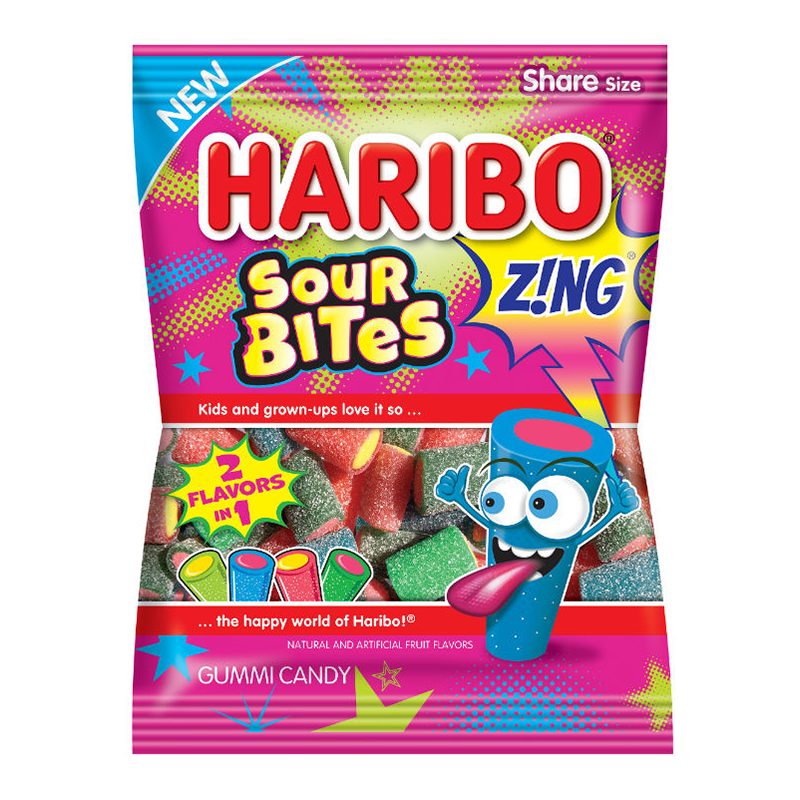 Front of Haribo Zing Sour Bites bag featuring bright colours, fun logo, gummy candy shapes, and 127g pack size.