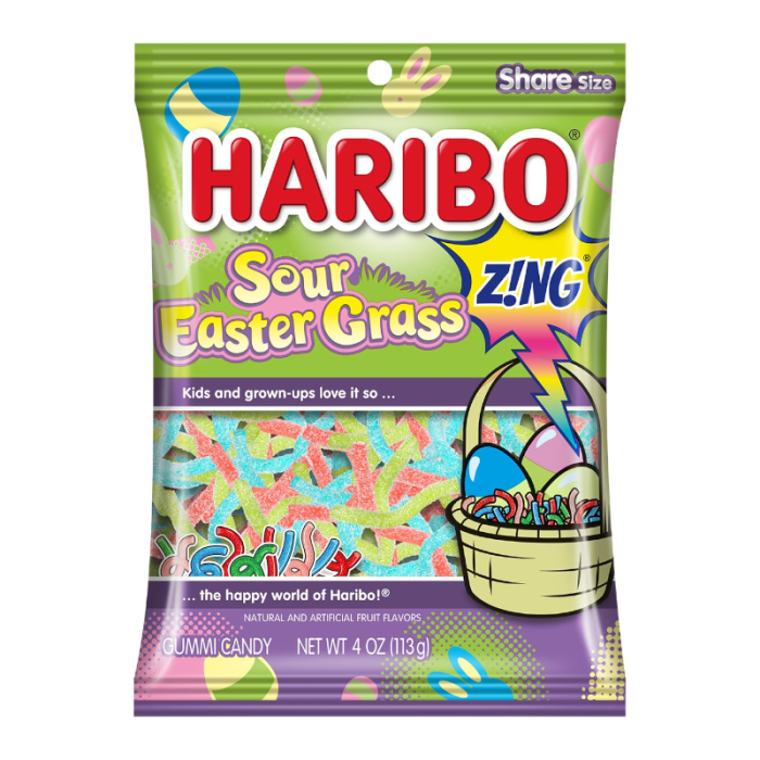 Front of Haribo Sour Easter Grass bag featuring vibrant colours, logo, and a playful candy design (113g pack)