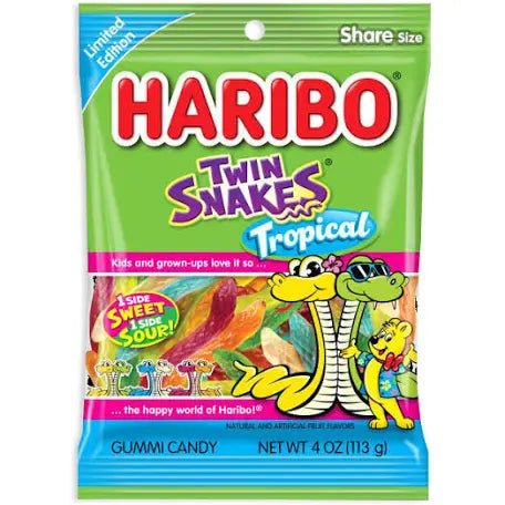 Front of a green bag of Haribo Twin Snakes Tropical showing logo, colourful gummy snakes, and pack size (113g)