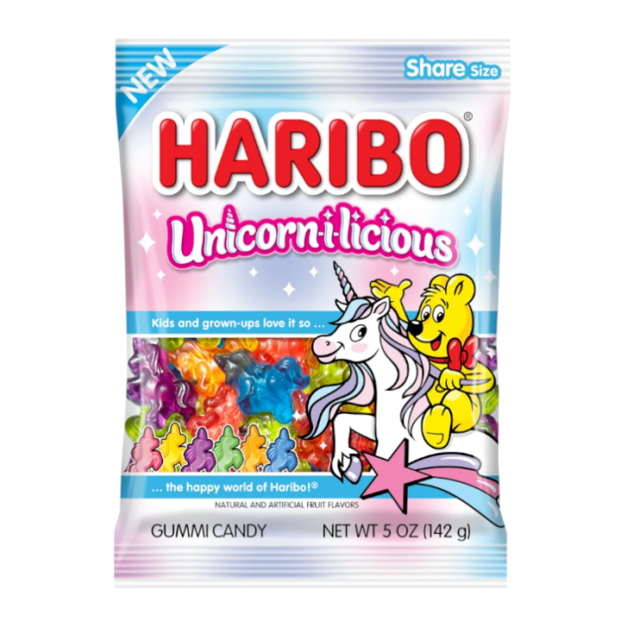 Front of Haribo Unicorn-I-Licious bag showing vibrant unicorn-shaped gummy candies, brand logo, and 142g packaging.