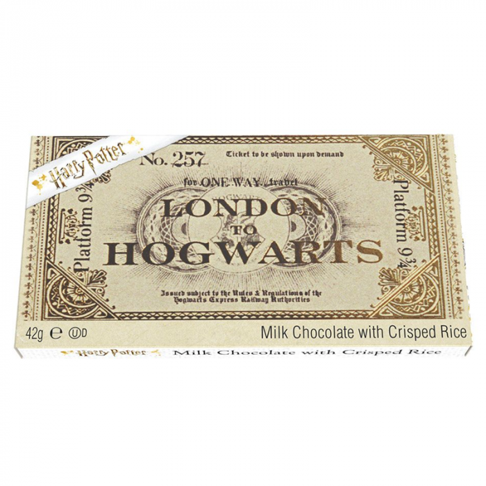Front of Harry Potter Platform 9¾ Milk Chocolate Ticket showing the design of a ticket with 'London to Hogwarts', milk chocolate with crisped rice, and 42g pack size.
