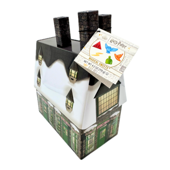 Front of Harry Potter Magical Sweets Honeydukes Tin showing logo, assortment of sweets, and iconic tin design (119g)