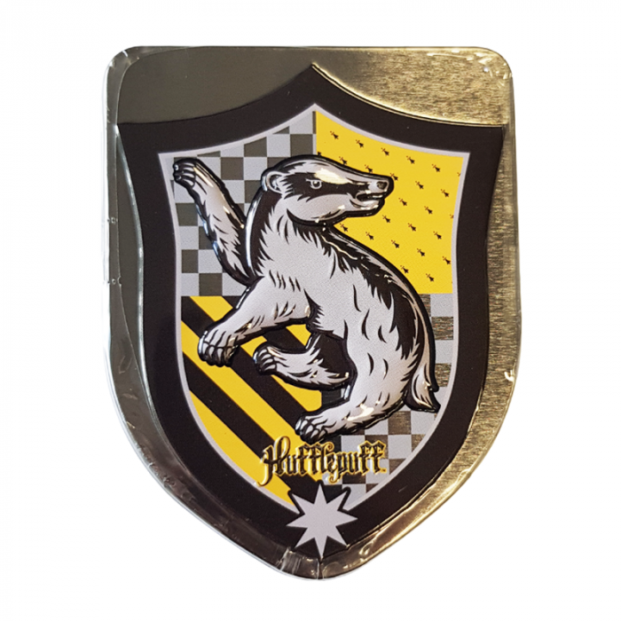 Front of Harry Potter Hufflepuff House Crest Tin displaying the Hufflepuff crest with jelly beans (28g)