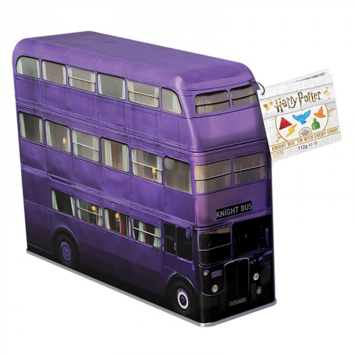 Front of Harry Potter Knight Bus Money Tin showing the purple Knight Bus design with a tag for chewy candy (112g)