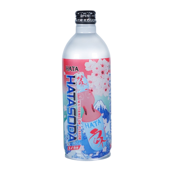 Front of Hata Hatasoda Watermelon bottle featuring bright label design, watermelon flavour indication, and 500ml size