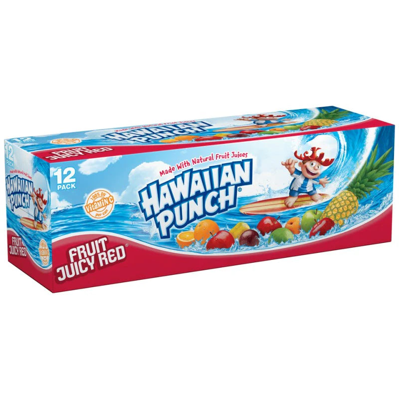 Front of Hawaiian Punch Fruit Juicy Red case showing bold logo, vibrant fruit graphics, and pack size of 12 (355ml cans)