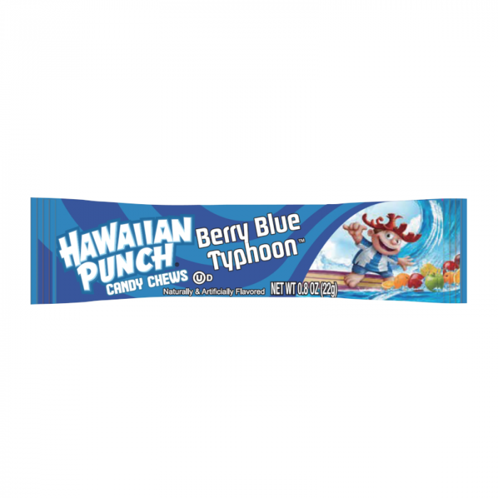 Front of Hawaiian Punch Chews Bar showing blue packaging with logo, Berry Blue Typhoon flavour, and 22g size indication.