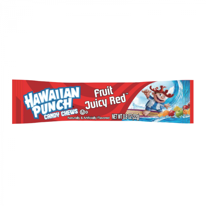 Front of Hawaiian Punch Chews Bar Fruit Juicy Red showing vibrant logo, red packaging, and playful character, 22g pack